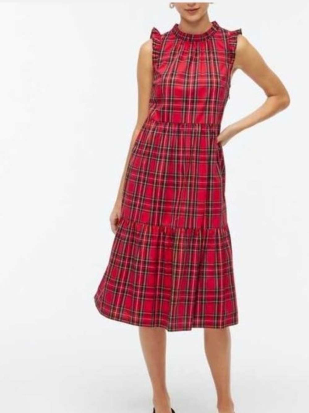 J. Crew Red Plaid Ruffle-Sleeve Midi Dress